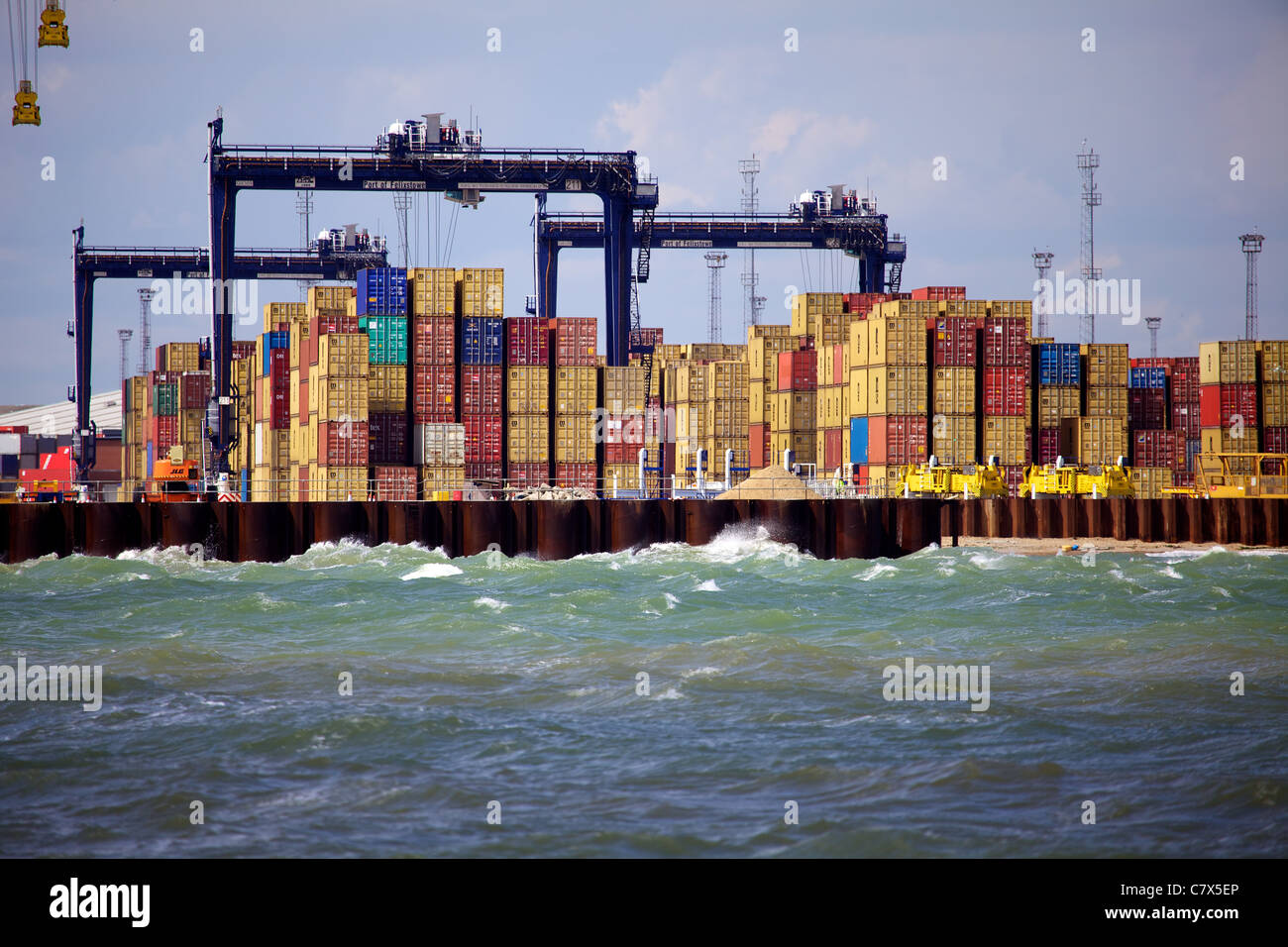 Global Britain International Trade - Port of Felixstowe International Trade - Containers stacked up at Felixstowe Port in the UK Stock Photo