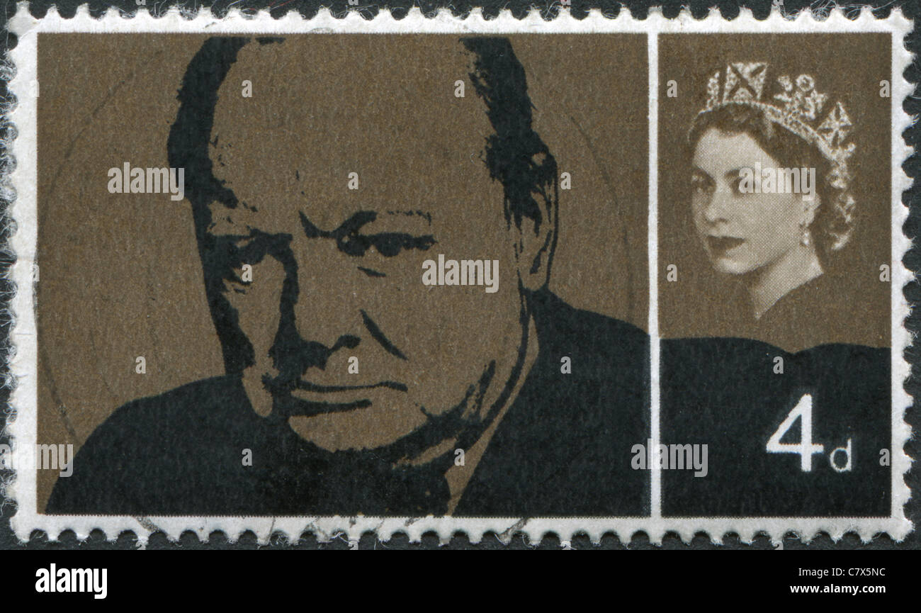 UNITED KINGDOM - 1965: A stamp printed in England, shows Sir Winston Spencer Churchill, statesman and WWII leader Stock Photo