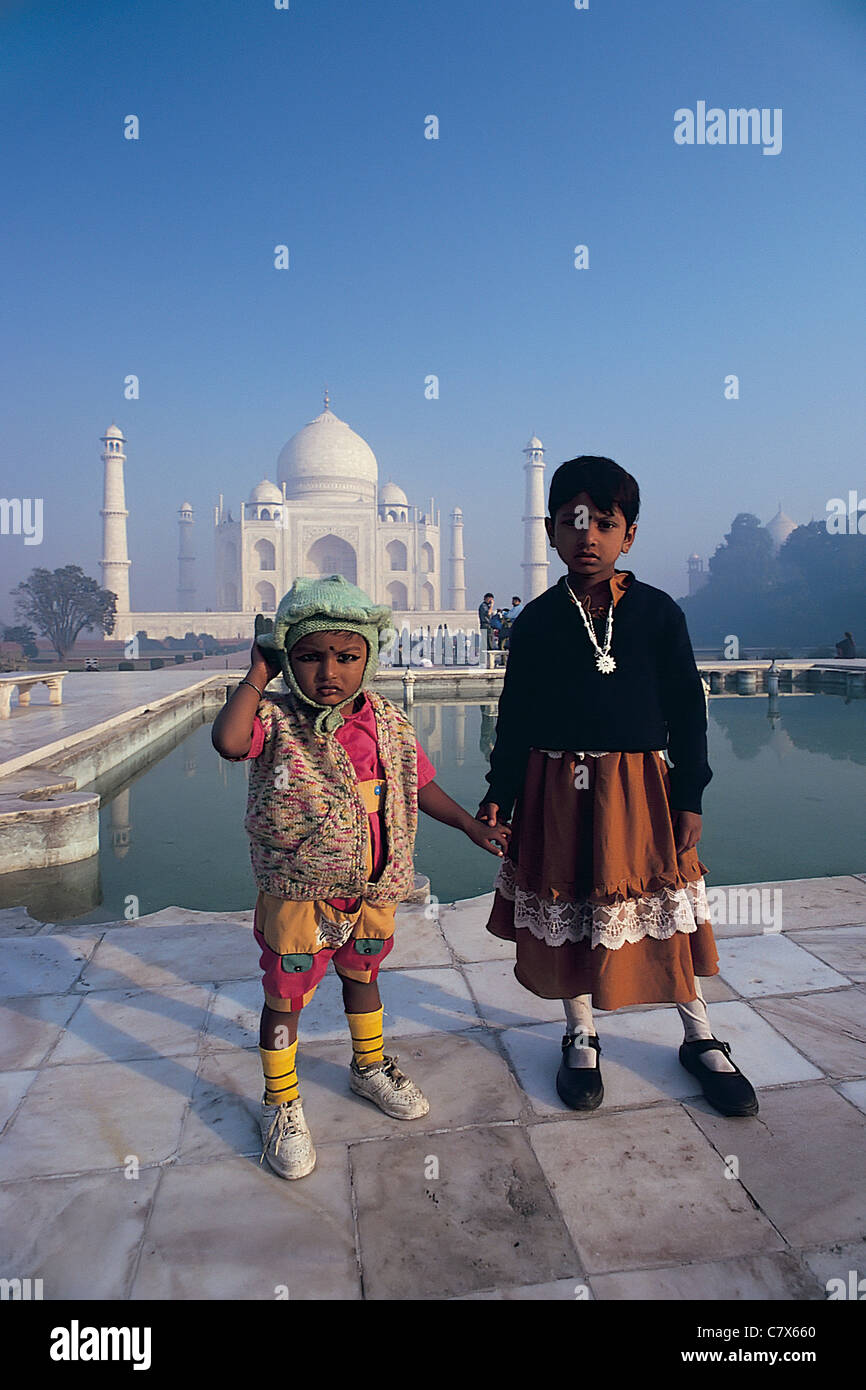Two young children visitors at the Taj Mahal India Stock Photo