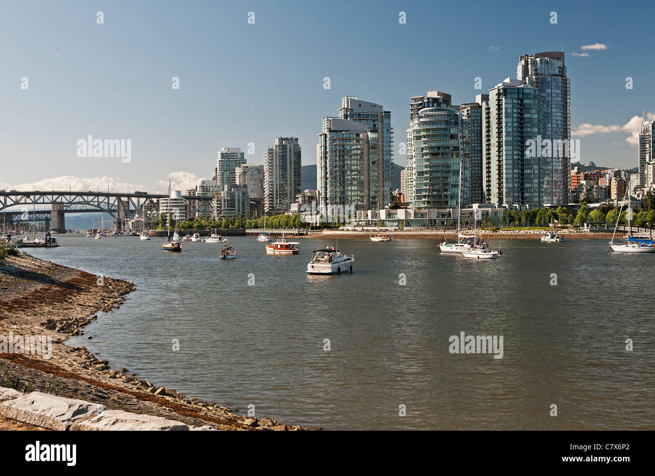 Vancouver Canada: scenic False Creek waterway and shoreline in the heart of the west coast city. Stock Photo