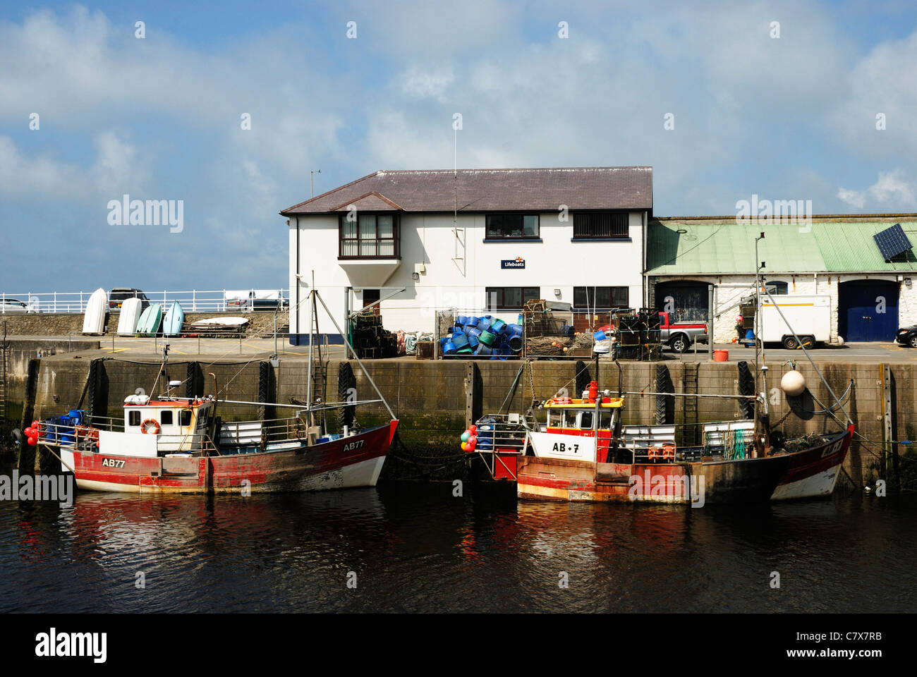 Commercial fishing boats at the quayside, Aberystwyth, Wales Stock