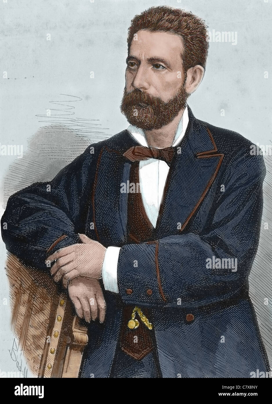 Gaspar Nunez de Arce (1834–1903) was a Spanish poet, dramatist and statesman. Color engraving. Stock Photo