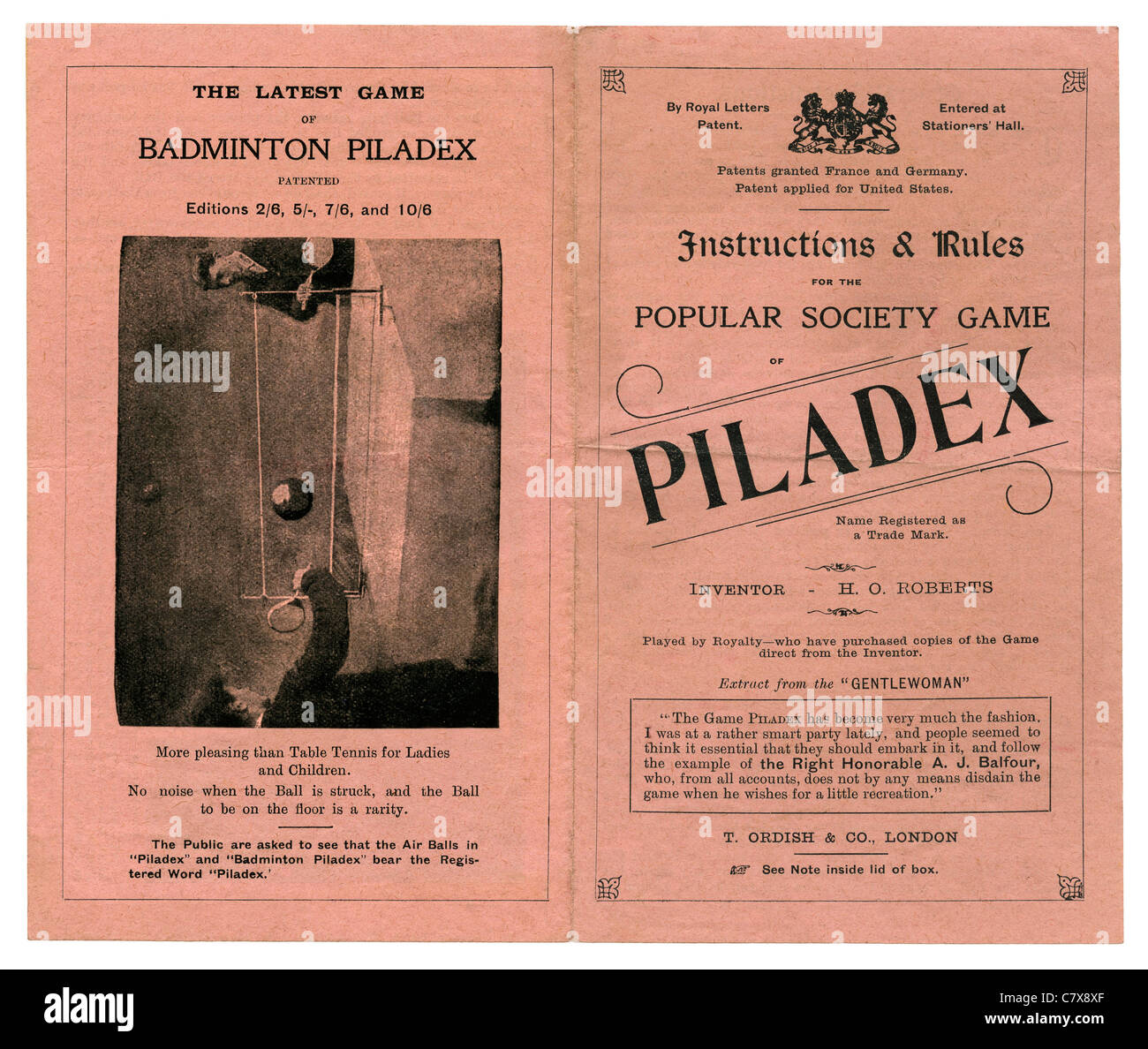 Instructions and rules for the Victorian parlour game of Piladex, c. 1900 - a cross between table tennis and badminton Stock Photo