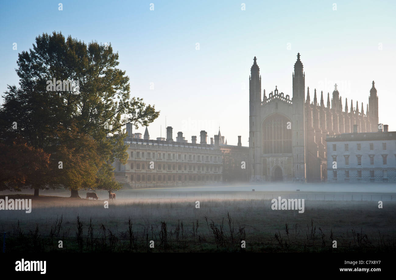 Kings College Chapel at Cambridge University at dawn on a beautiful misty morning across the Backs Stock Photo