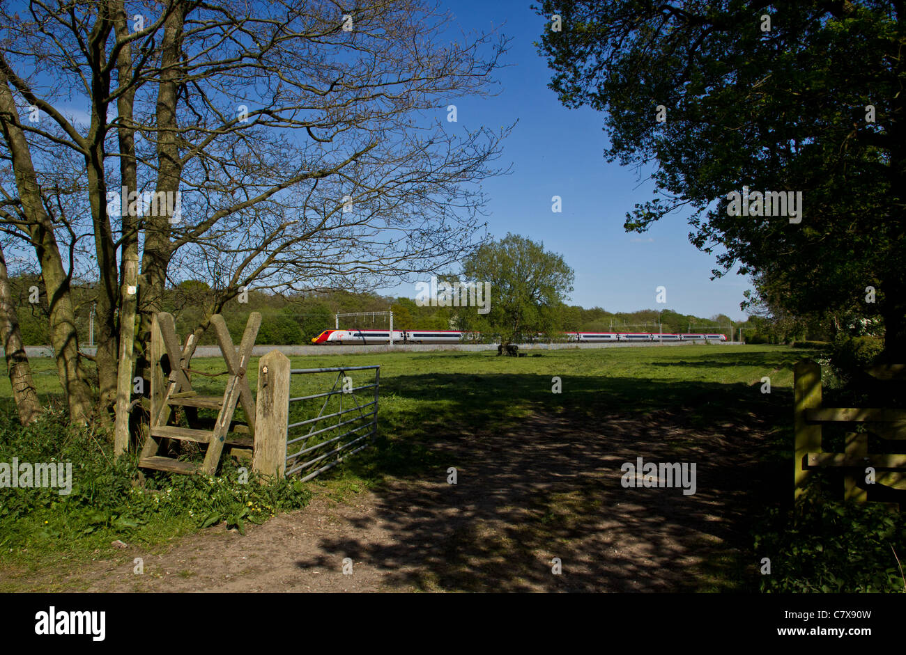 A Virgin Train class 390 Pendolino passing Slindon, Mill Meece