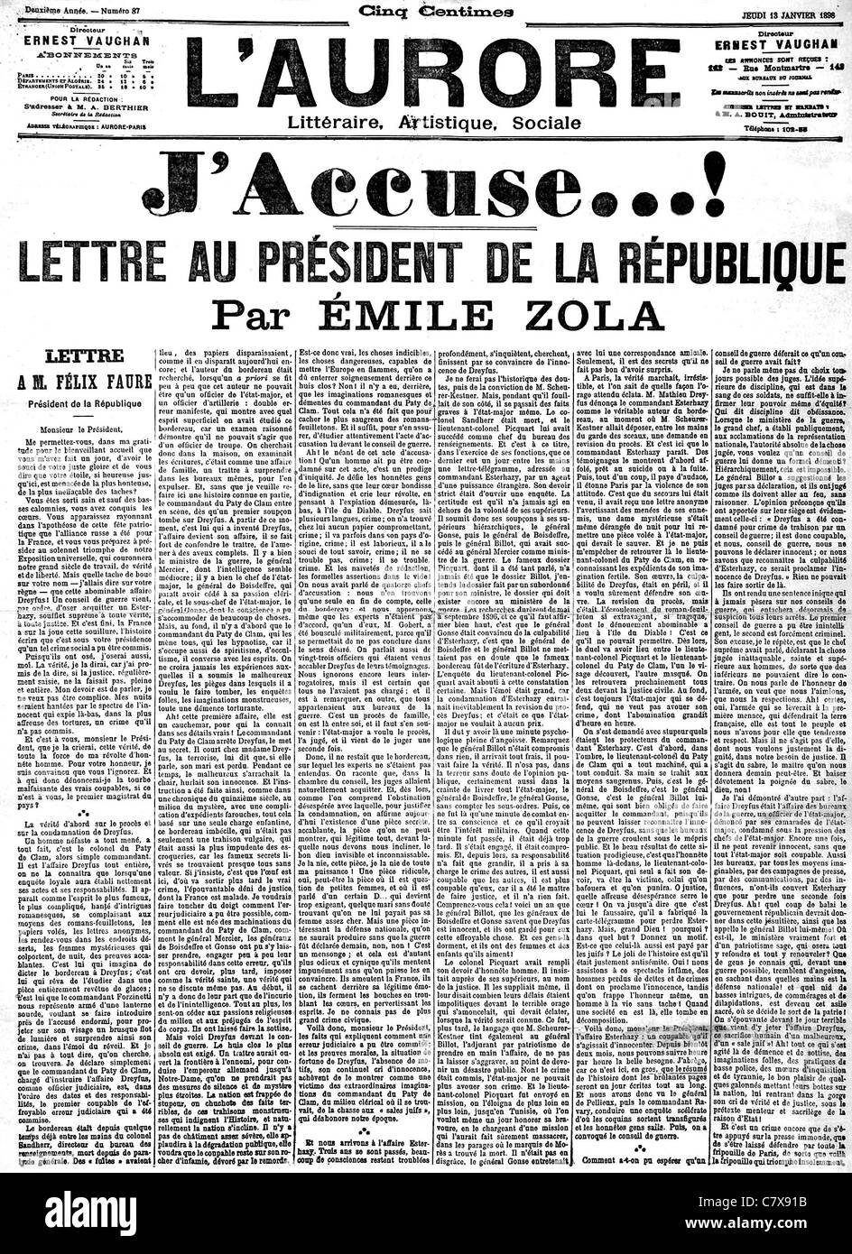 J'ACCUSE...open letter by Emile Zola published in French newspaper L'Aurore 13 January 1896 about the jailing of Alfred Dreyfus Stock Photo