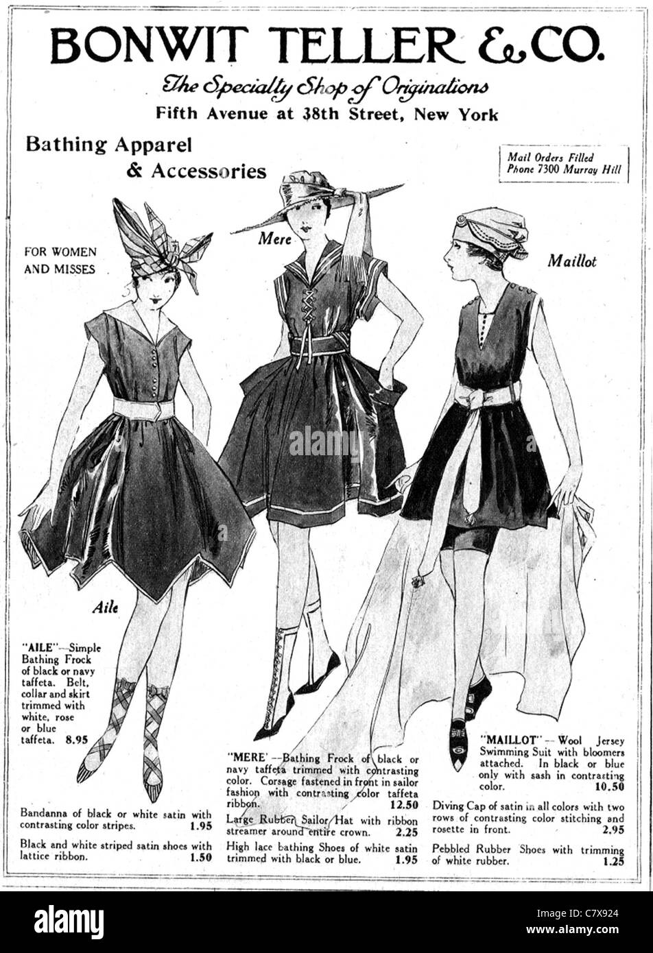 SWIMWEAR from an American store catalogue of 1916 showing the Maillot