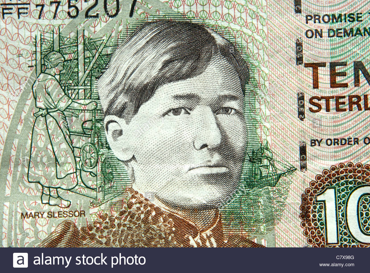 Scottish banknotes. Image of Mary Slessor on a Clydesdale Bank 10 Stock