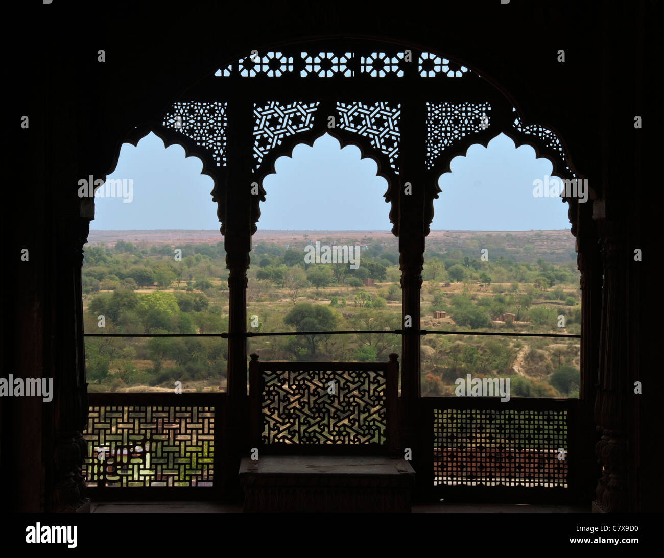 Landscape through lattice window Old City Palace Karauli Rajasthan India Stock Photo