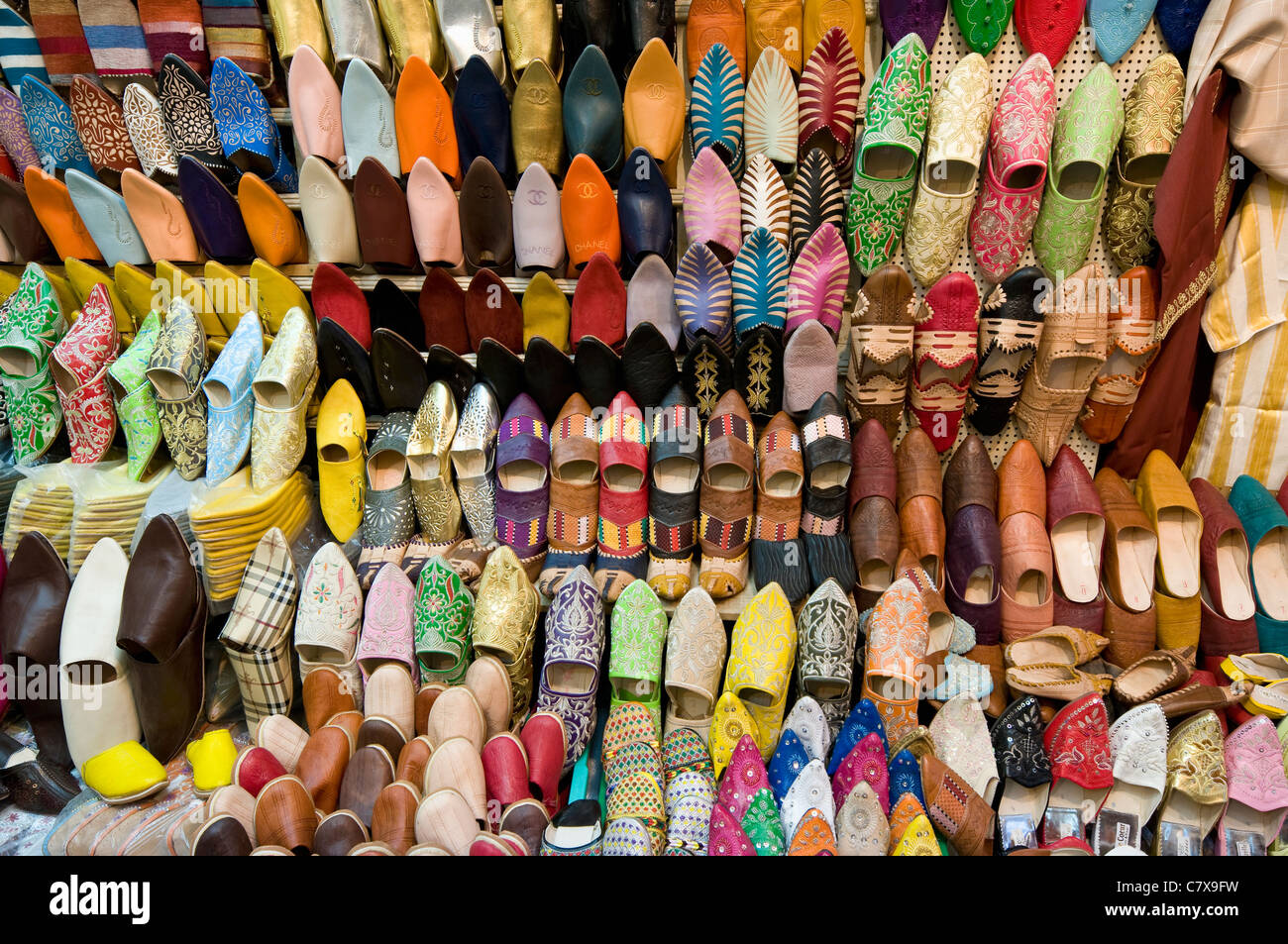 Shoes and slippers on display at a Marrakesh souk Stock Photo