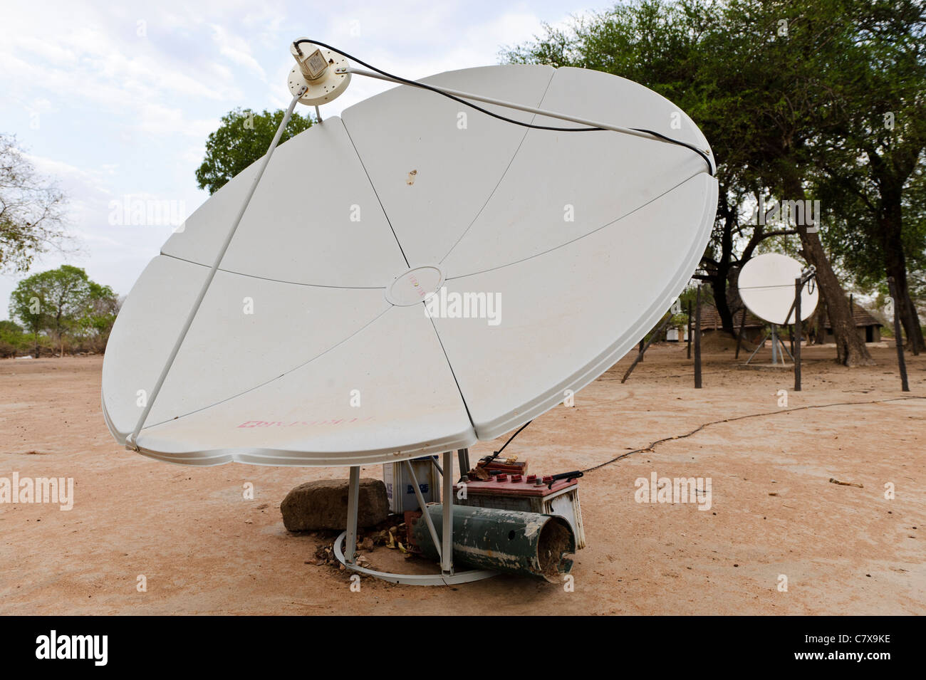 Satellite receiver in an NGO camp, Luonyaker, Bahr el Ghazal, South Sudan. Stock Photo