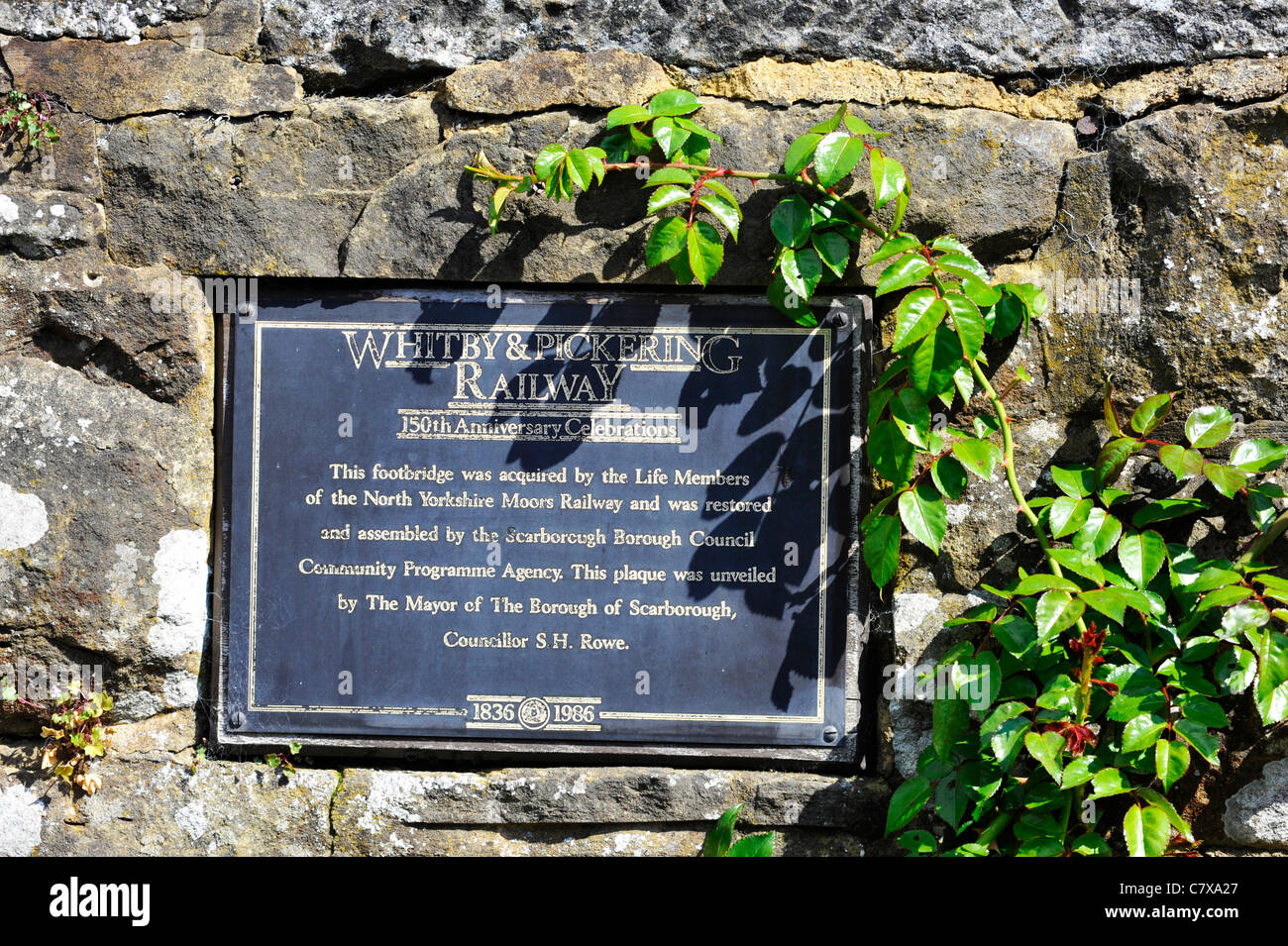 Whitby and Pickering Railway Plaque at Goathland Station. Stock Photo