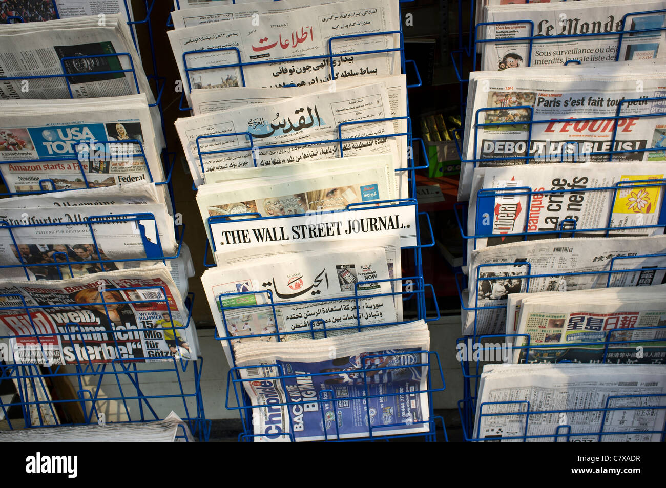 Newspaper stand outside of newsagents. Stock Photo