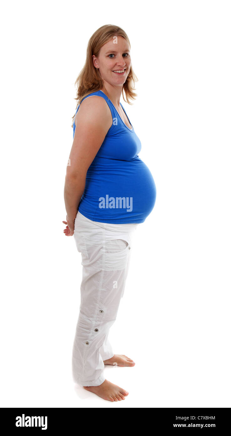 Pregnant women holding belly isolated on white background Stock Photo