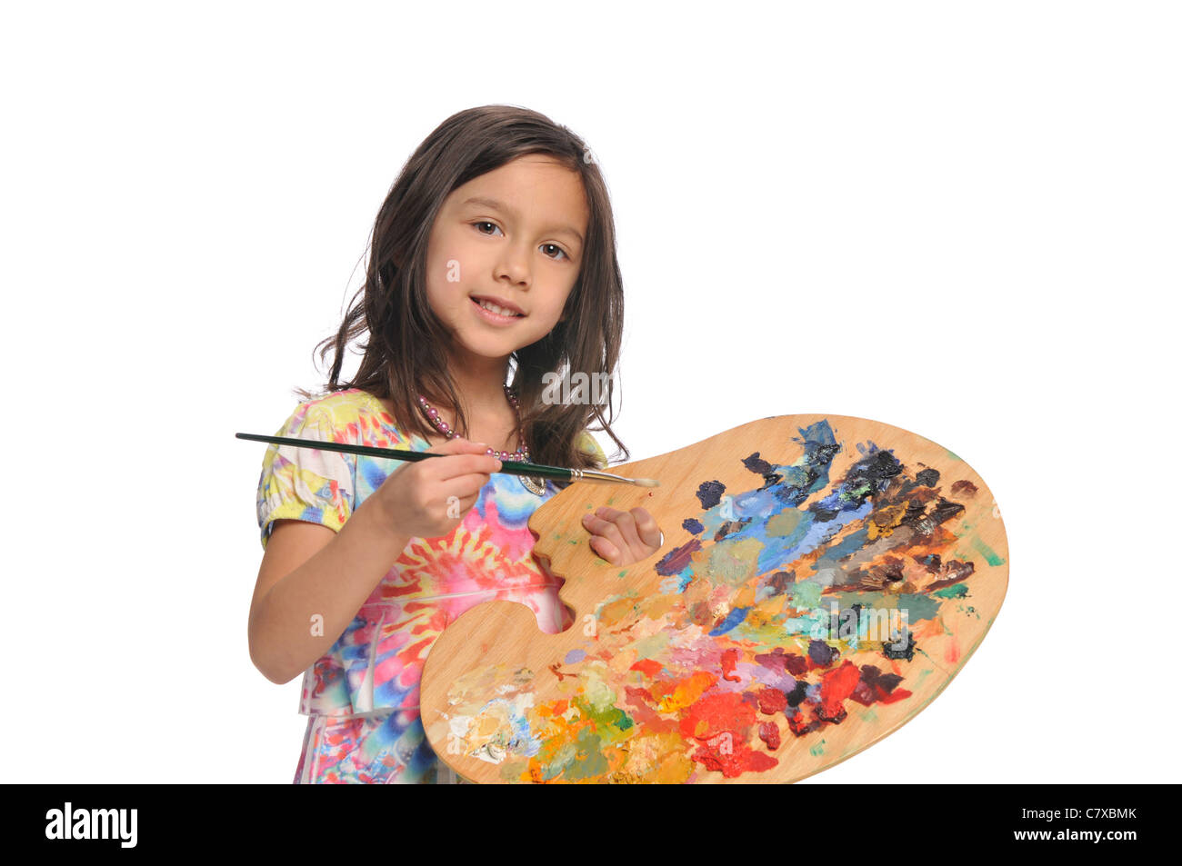 Little Girl with colorful palette isolated on a white background Stock ...