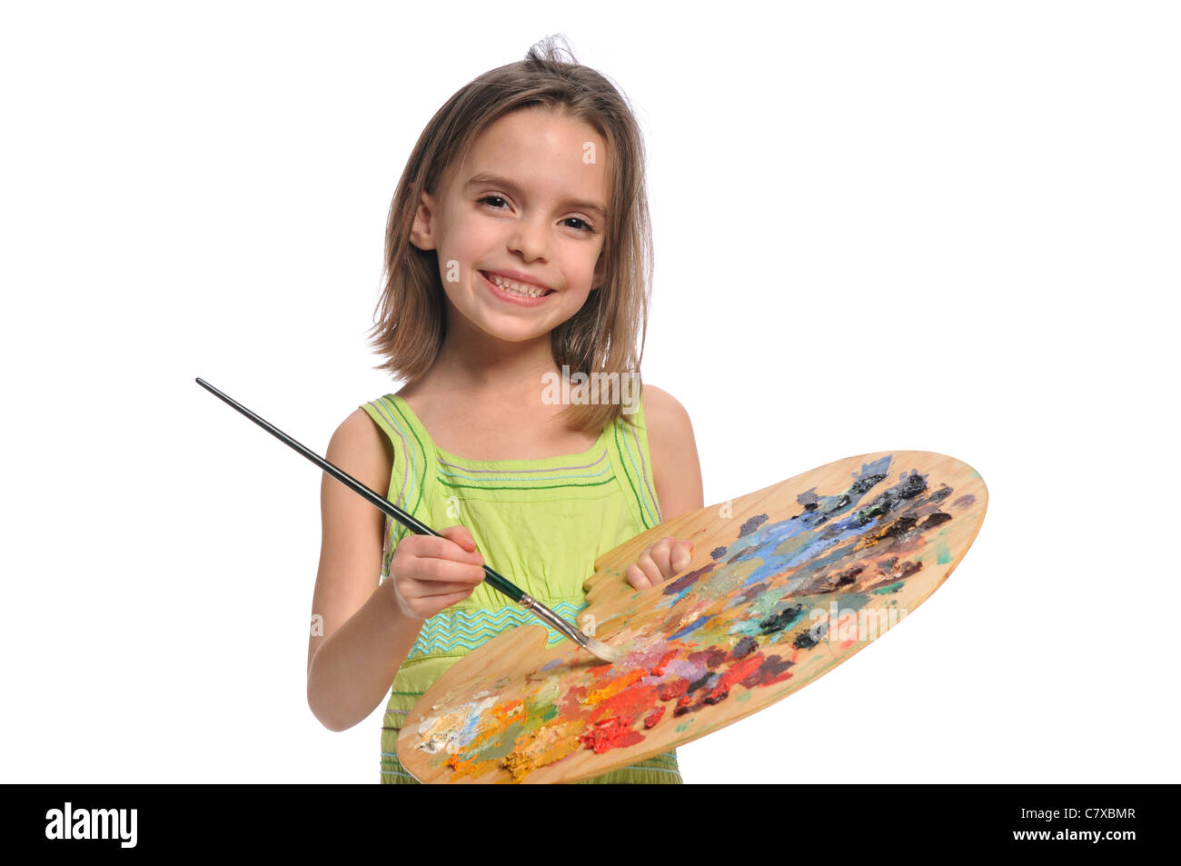 Little Girl with colorful palette isolated on a white background Stock ...