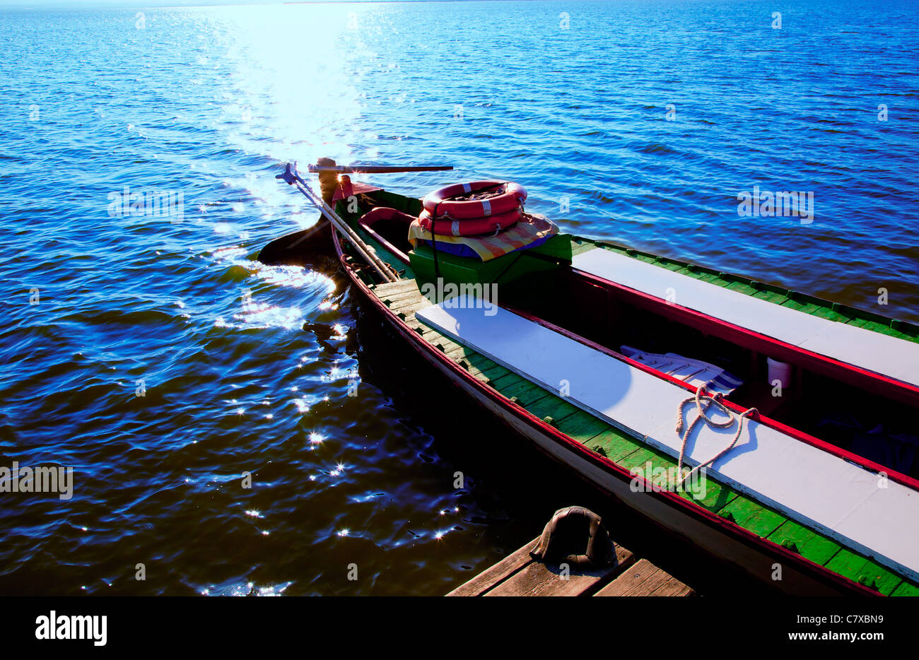 Albufera blue boats lake in El Saler Valencia Spain Stock Photo