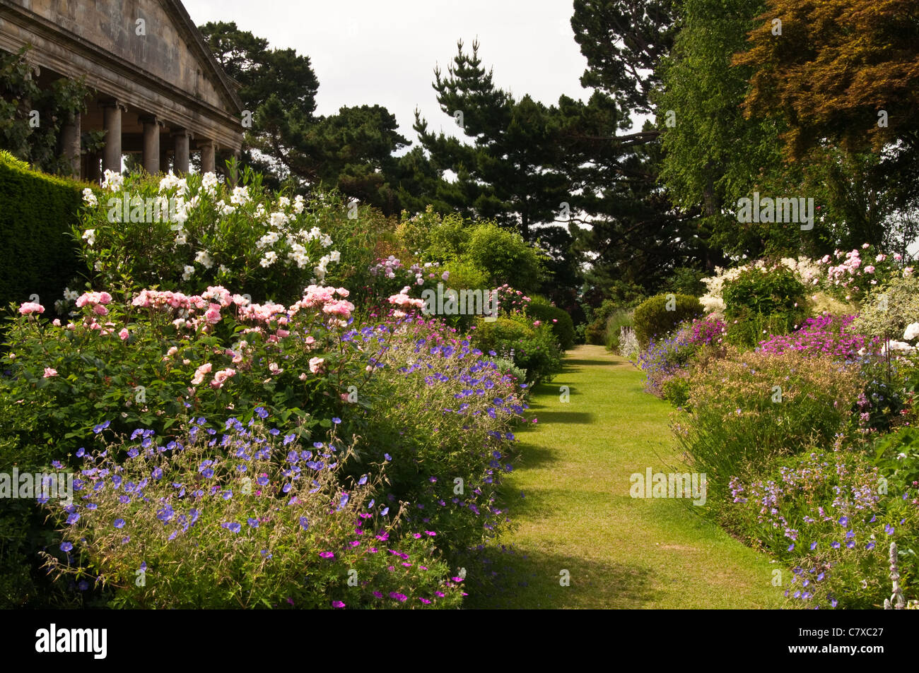 The colourful Wide Border full of summer flowers and lawned pathway at Kiftsgate Court gardens near Chipping Campden, Cotswolds, England Stock Photo