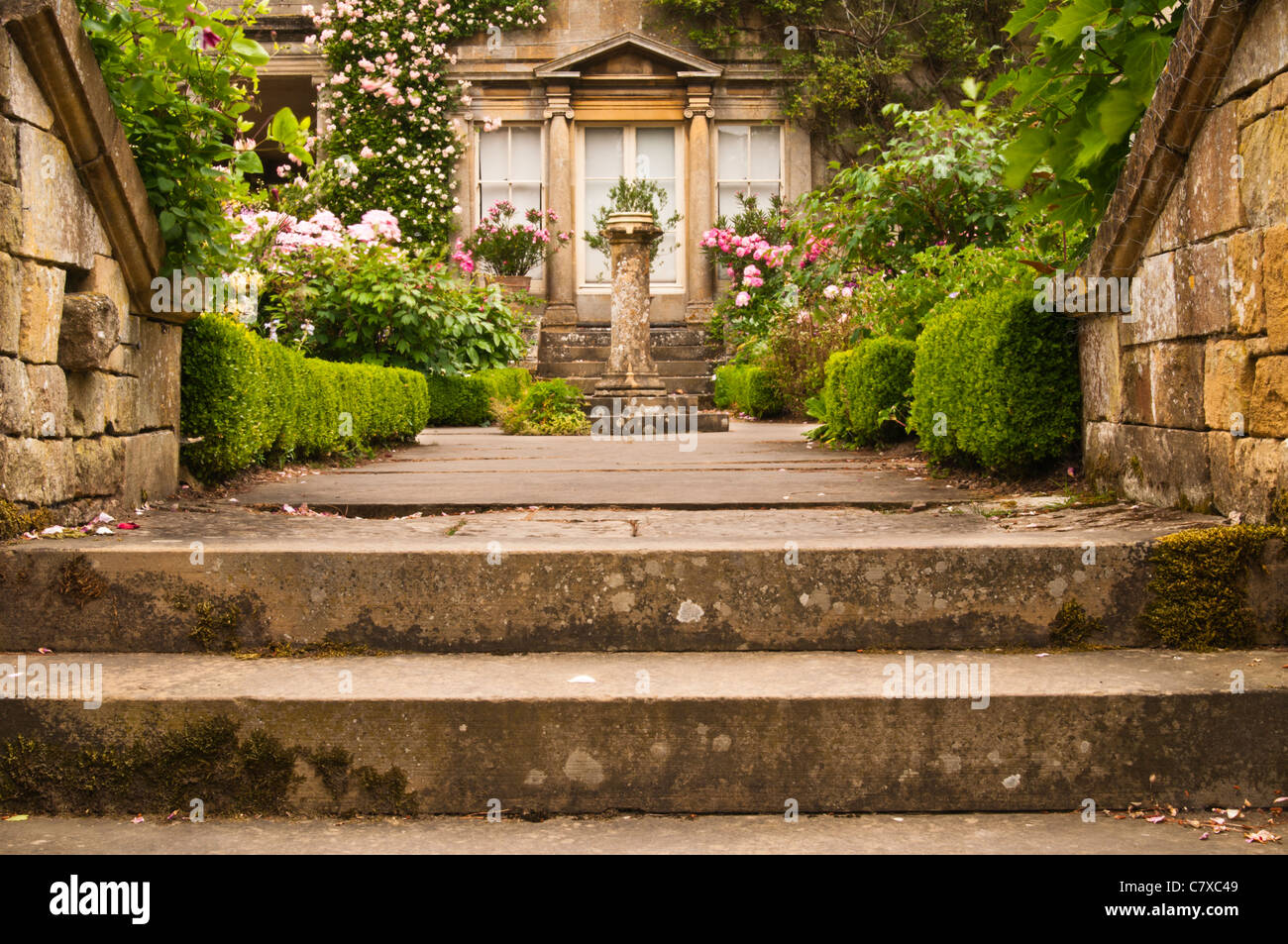 Steps leading to the Four Squares Garden at Kiftsgate Court near Chipping Campden, Cotswolds, Gloucestershire, England Stock Photo