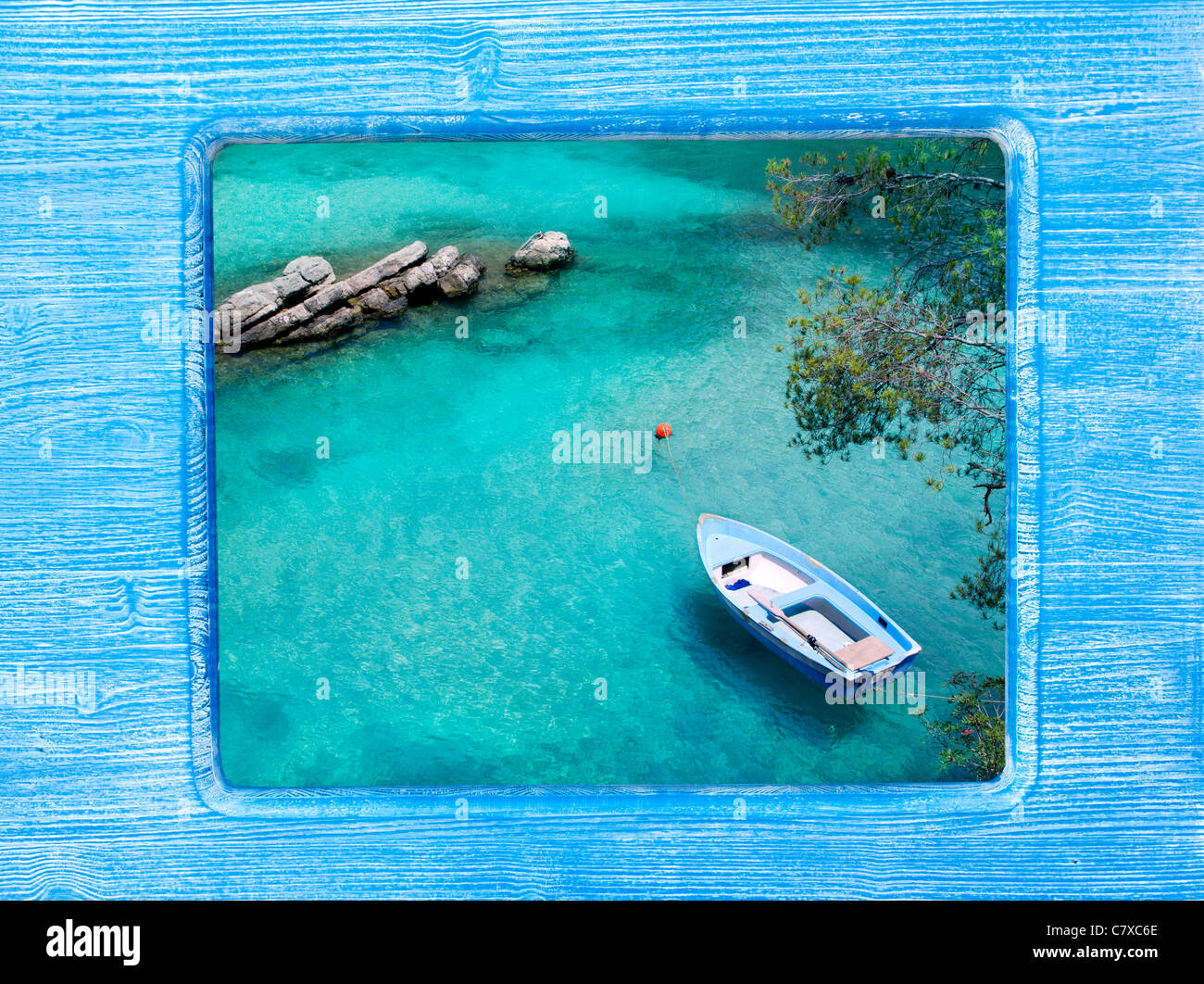 blue wood border frame with Mallorca beach high view Stock Photo