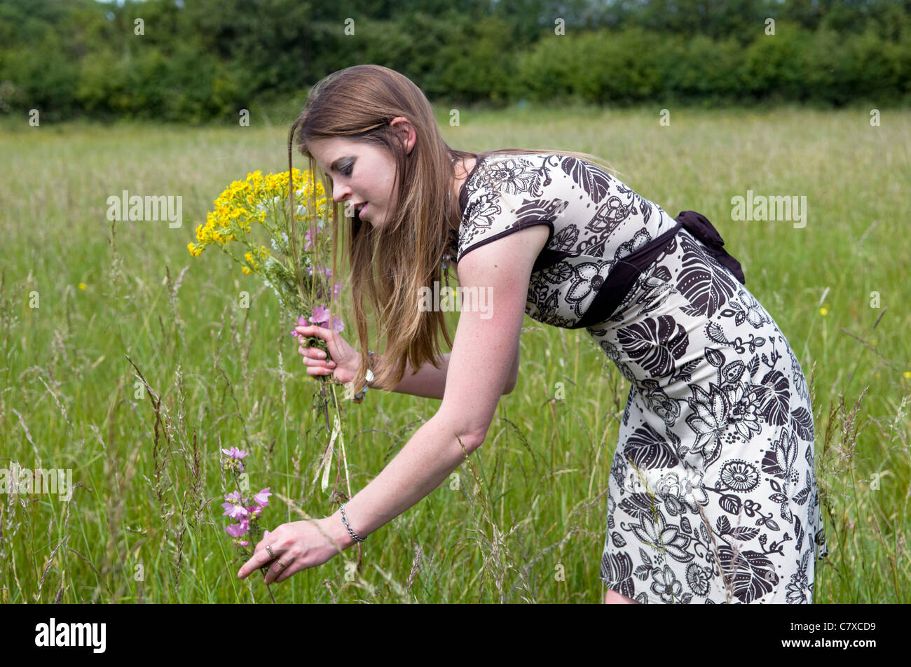 Attractive young caucasian woman picking wildflowers in meadow on