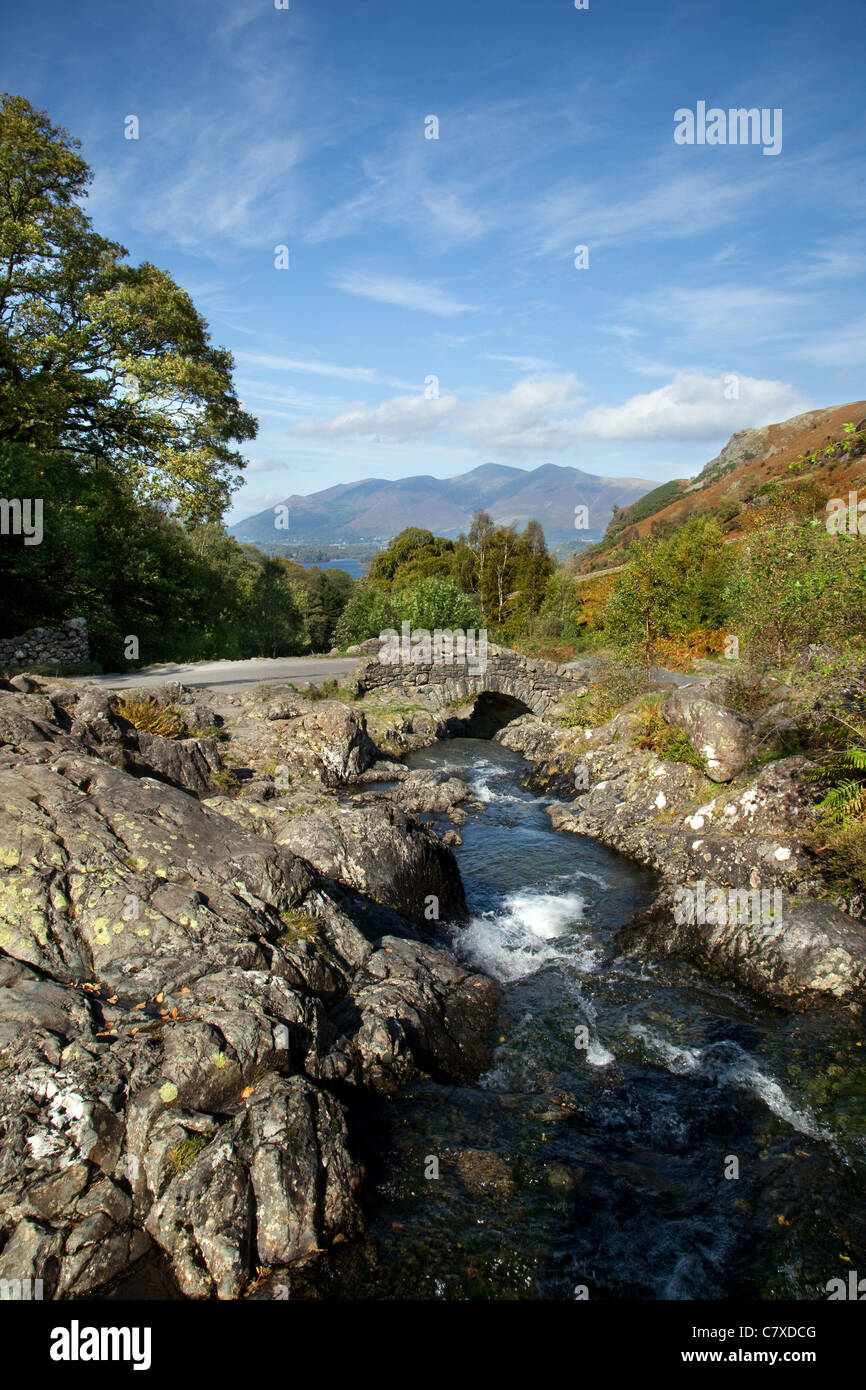 Ashness Bridge traditional stonebuilt packhorse bridge and High Fells