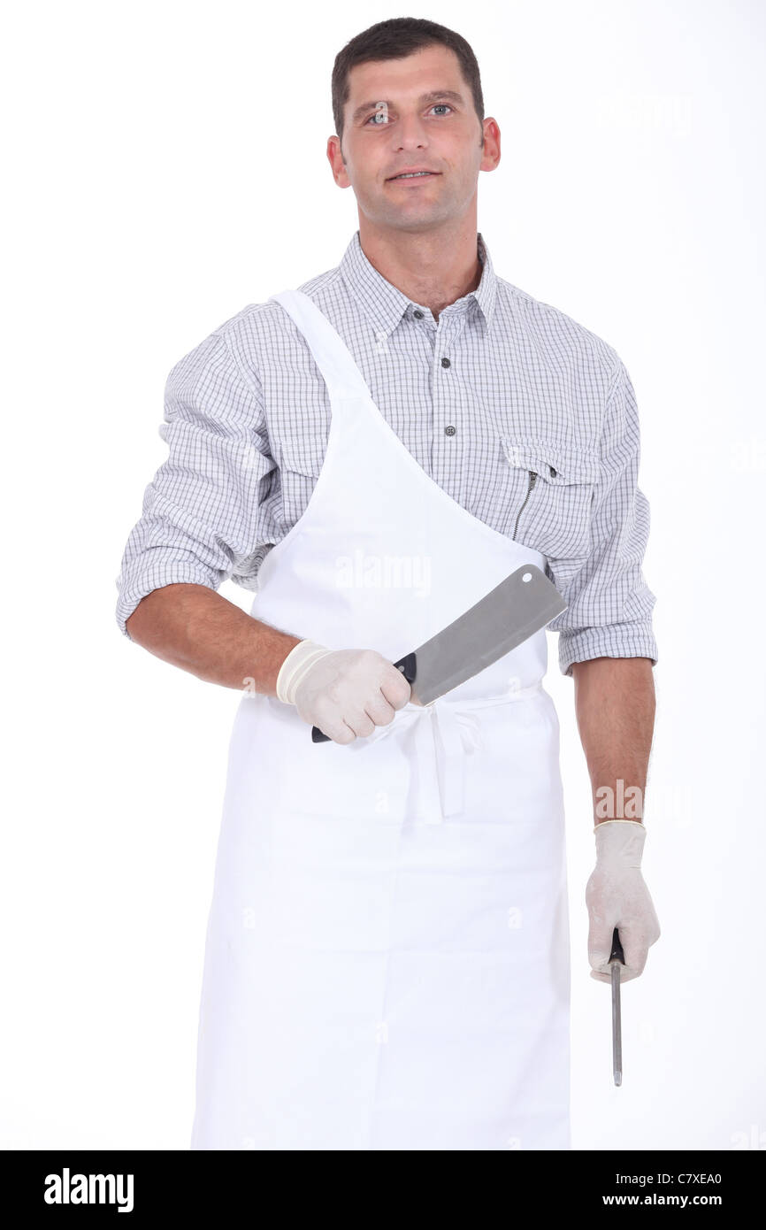 Butcher with a cleaver and steel Stock Photo Alamy