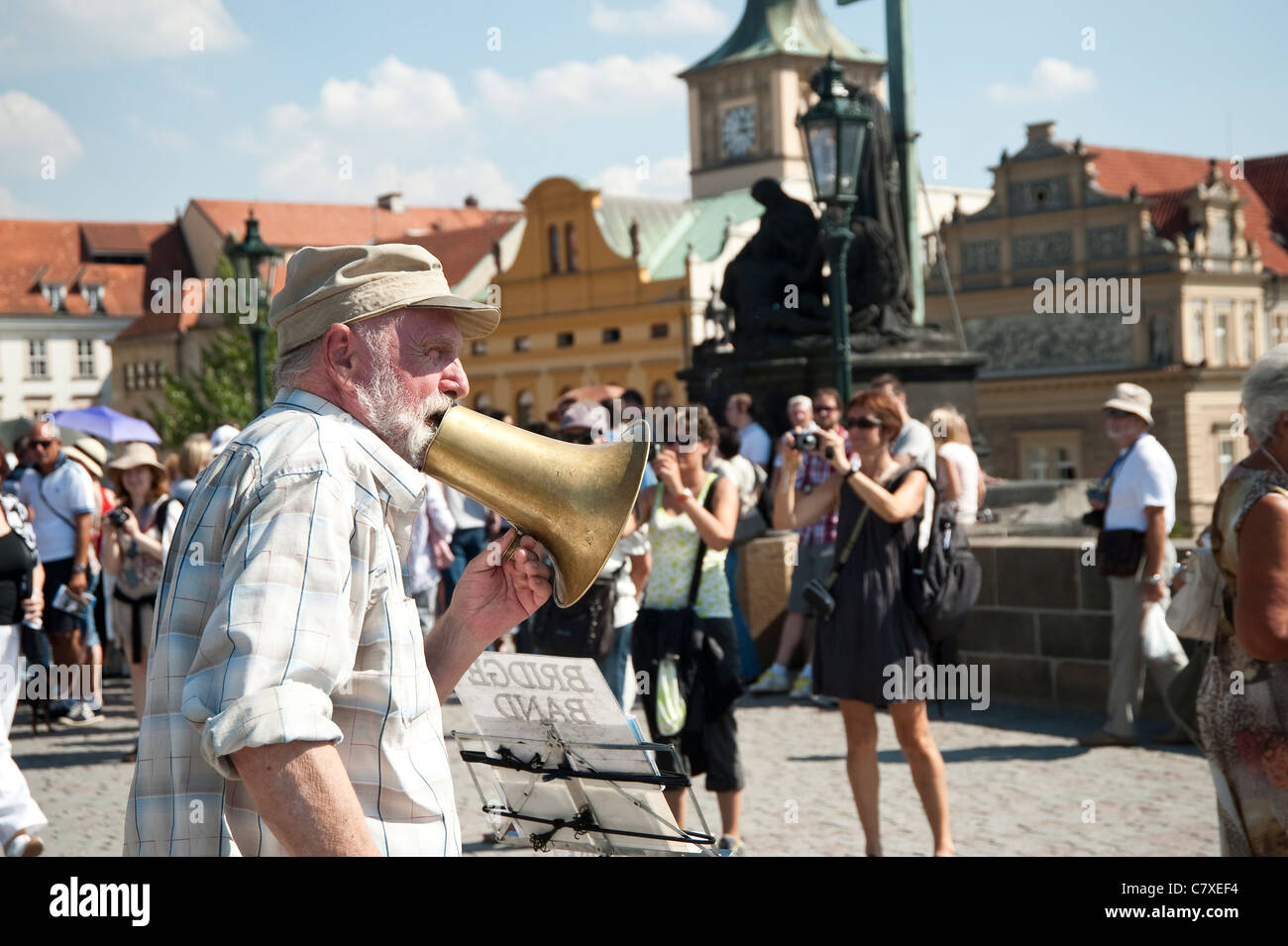 Prague, Czech Republic - Jazz band playing music on Bridge Charles Stock Photo