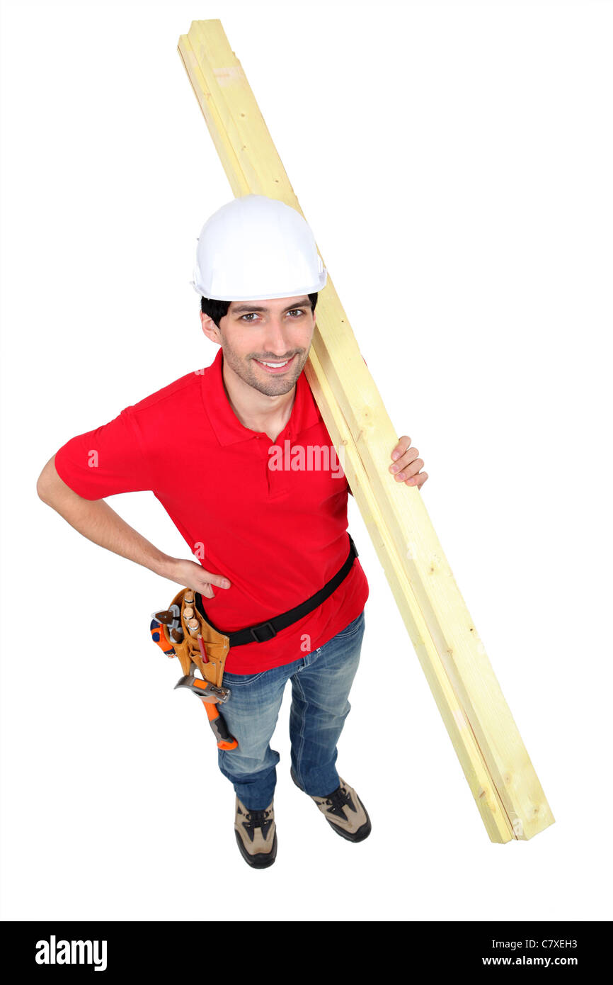 high angle shot portrait of craftsman carrying lumber Stock Photo - Alamy