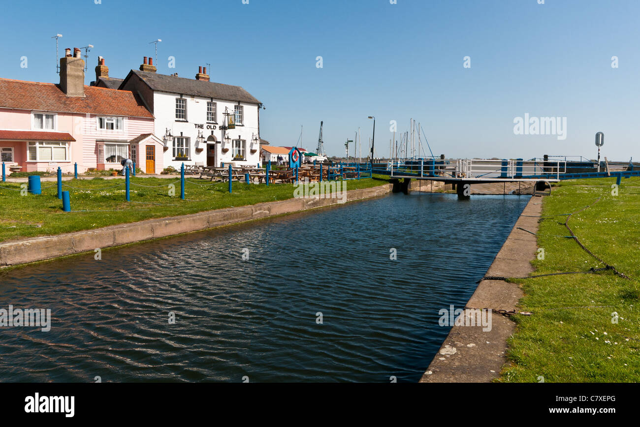 The lock at Heybridge Basin, Essex with the Old Ship Inn in the