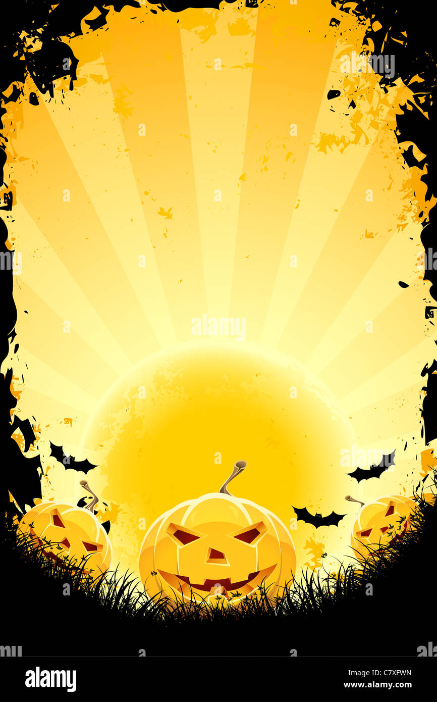 Halloween background with pumpkins bats and full moon Stock Photo - Alamy