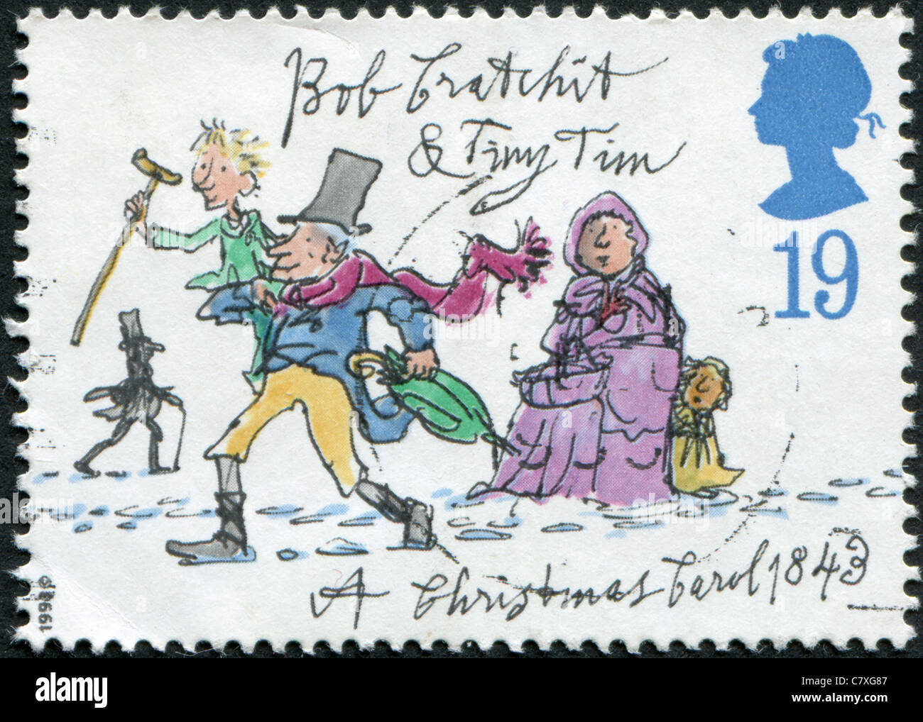 UK - 1993: A stamp printed in England, is dedicated to the 150th anniversary of Charles Dickens, shows Tiny Tim, Bob Cratchit Stock Photo