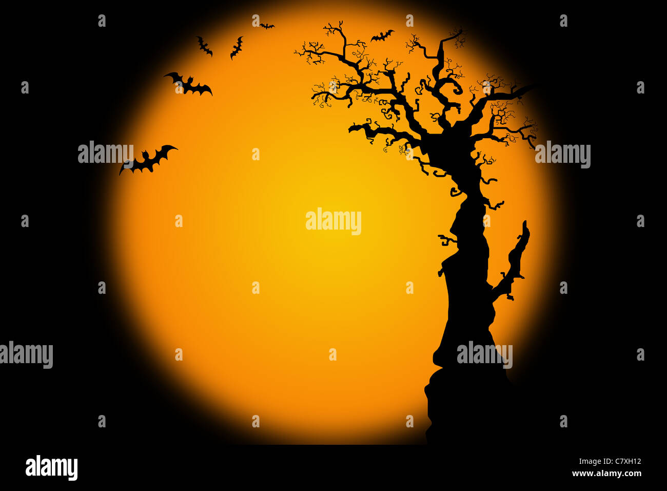 Halloween background illustration with bat and tree silhouette Stock ...