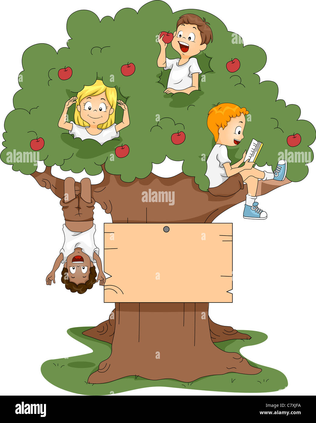 Illustration of Kids Playing in a Tree Stock Photo - Alamy