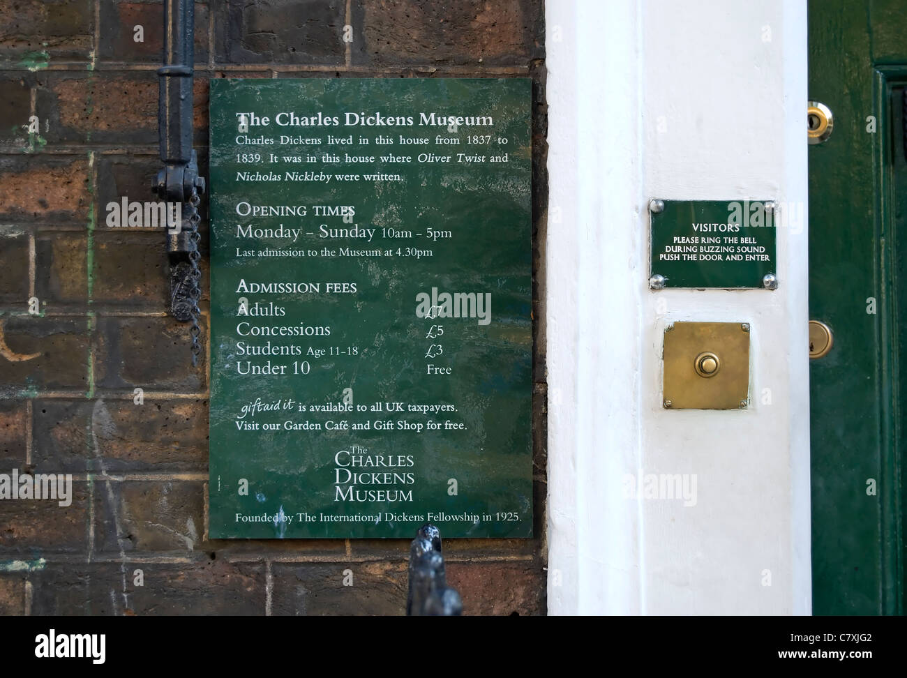 entrance with opening times and admission fees at the charles dickens museum, doughty street, london, england Stock Photo