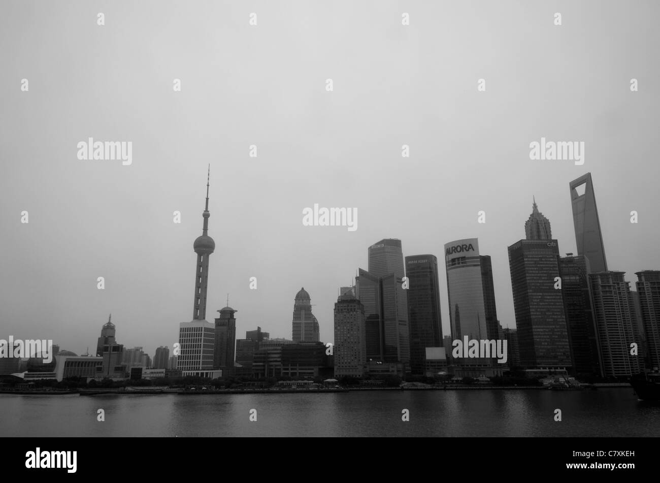 A black and white view of the Pudong financial district including the Pearl Oriental Tower and Shanghai World Financial Centre. Stock Photo