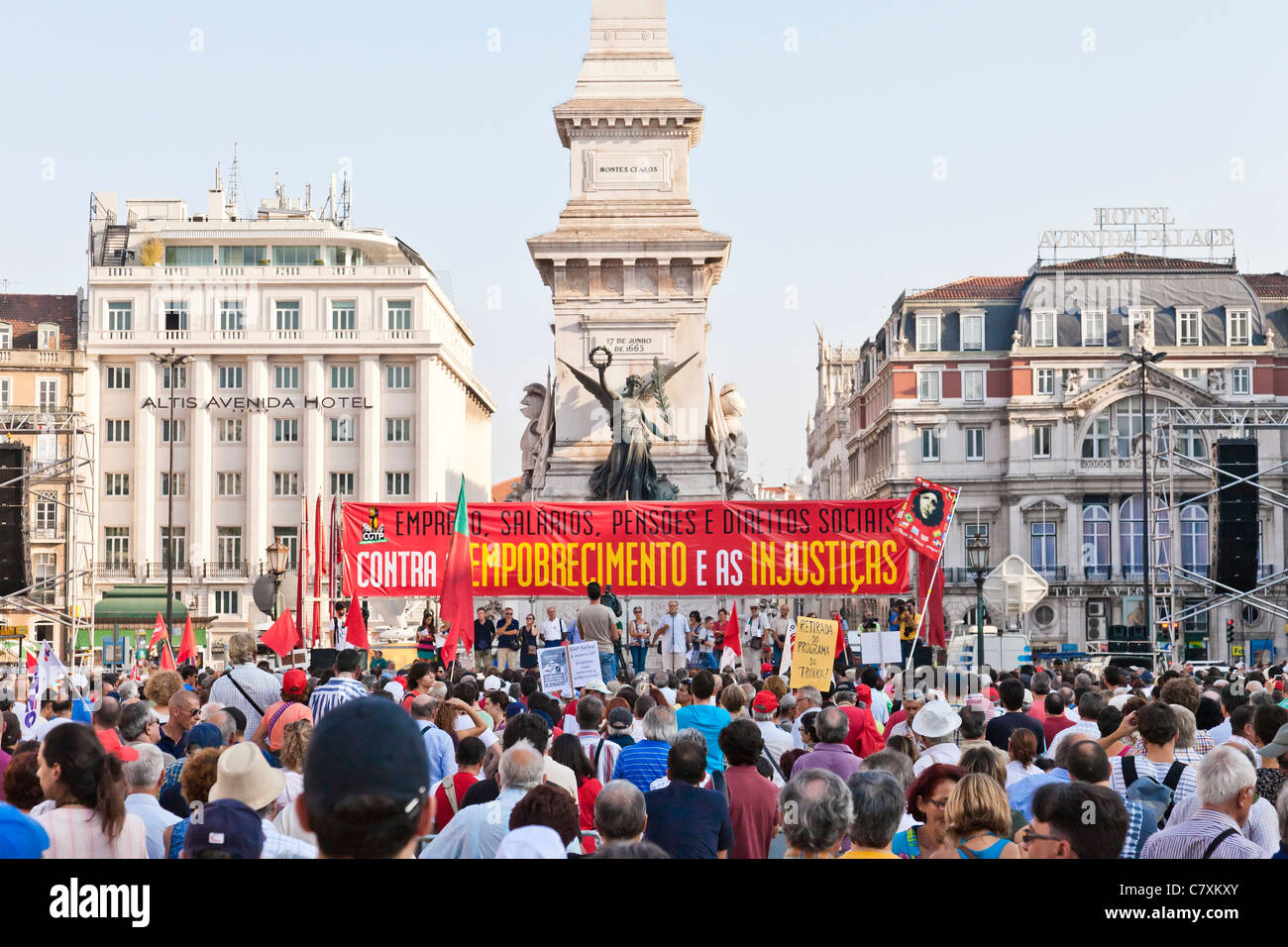 Demonstration against the IMF and austerity. Speech in Restauradores Square. Lisbon, Oct. 1st, 2011. Stock Photo