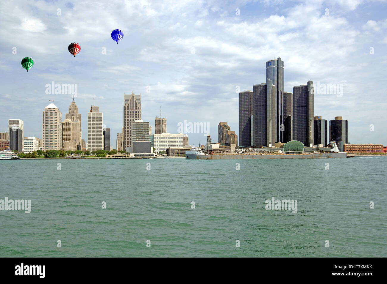 Hot Air balloons over Detroit Michigan Stock Photo