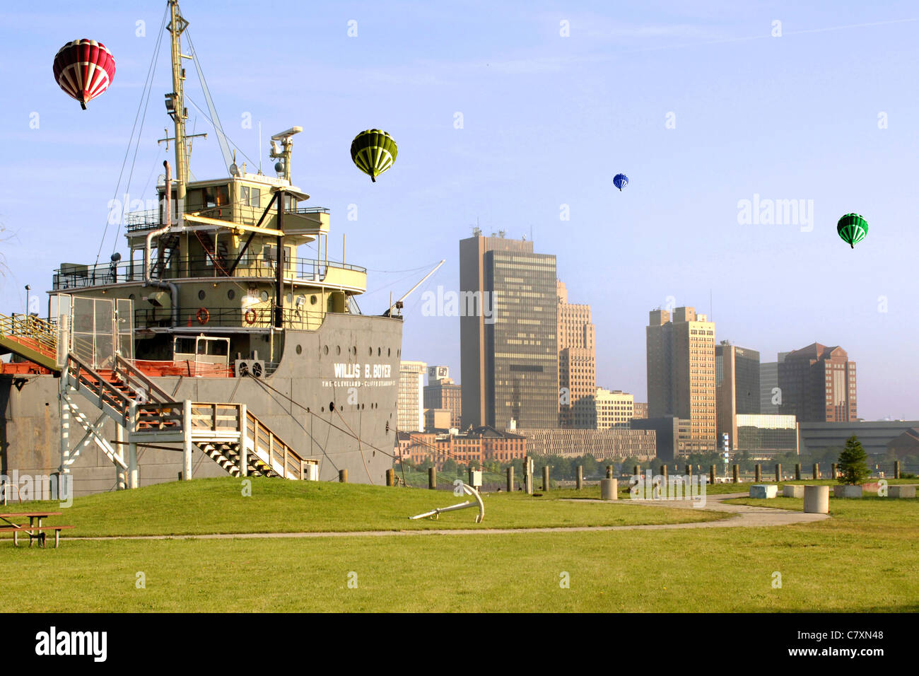 Hot Air Balloons over Toledo and the Maumee River Ohio Stock Photo