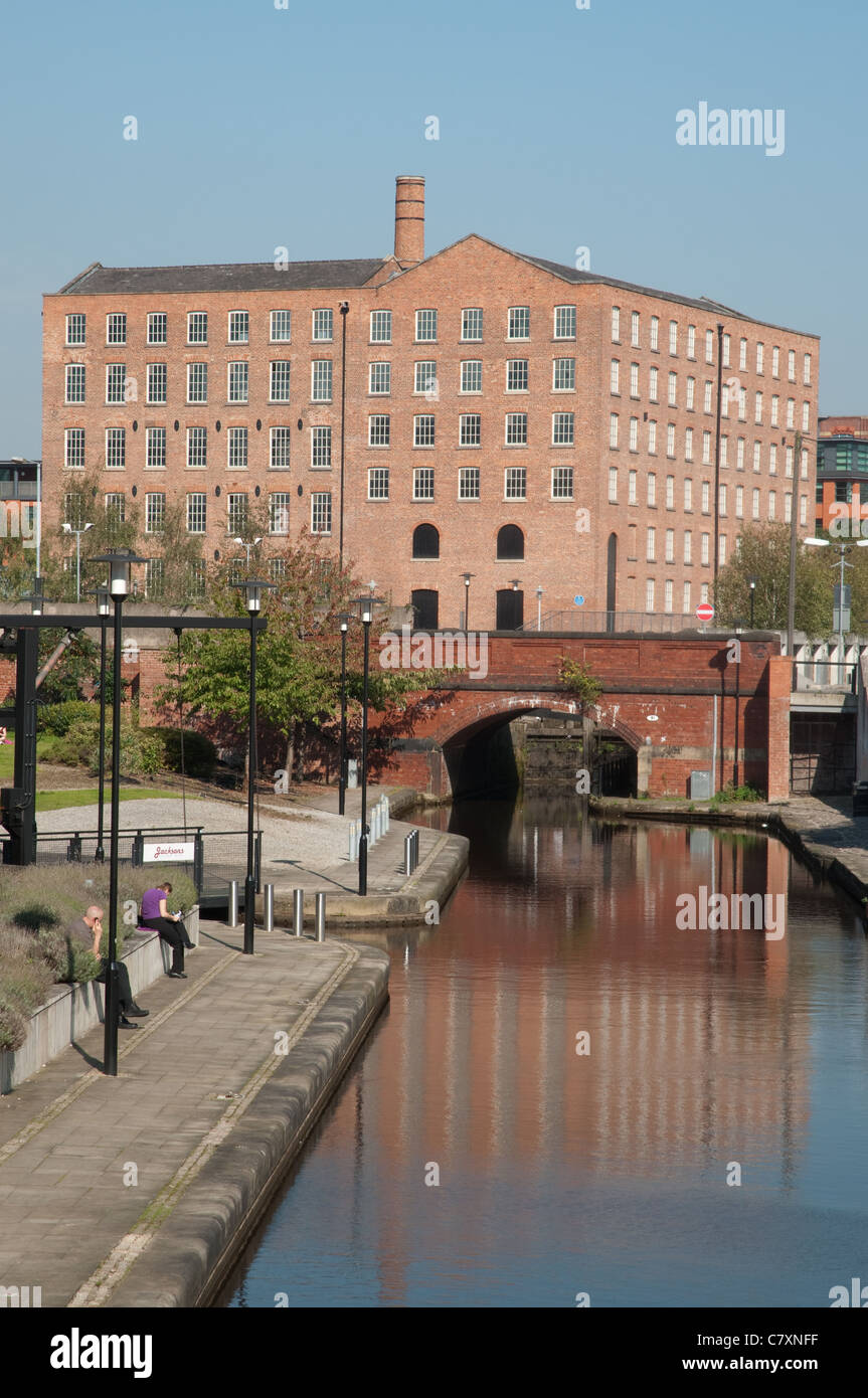 Rochdale Canal looking towards Brownsfield Mill, ome to one of the world's first aircraft builders A.V. Roe and Company, Avro. Stock Photo