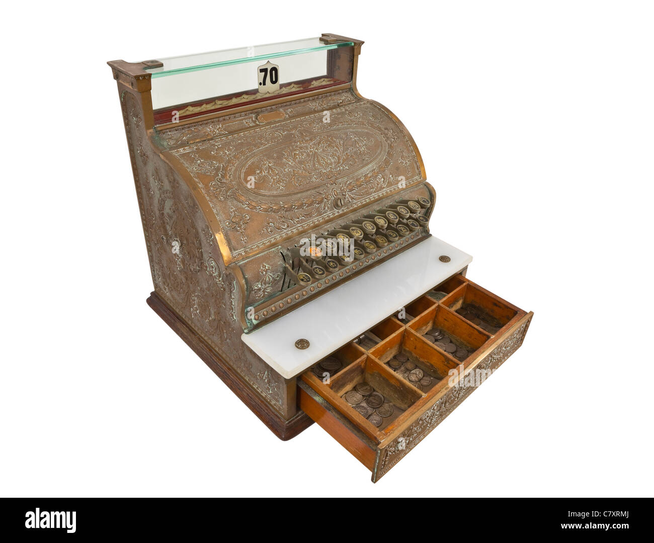 Vintage cash register and 1930's coins with money drawer open. Stock Photo