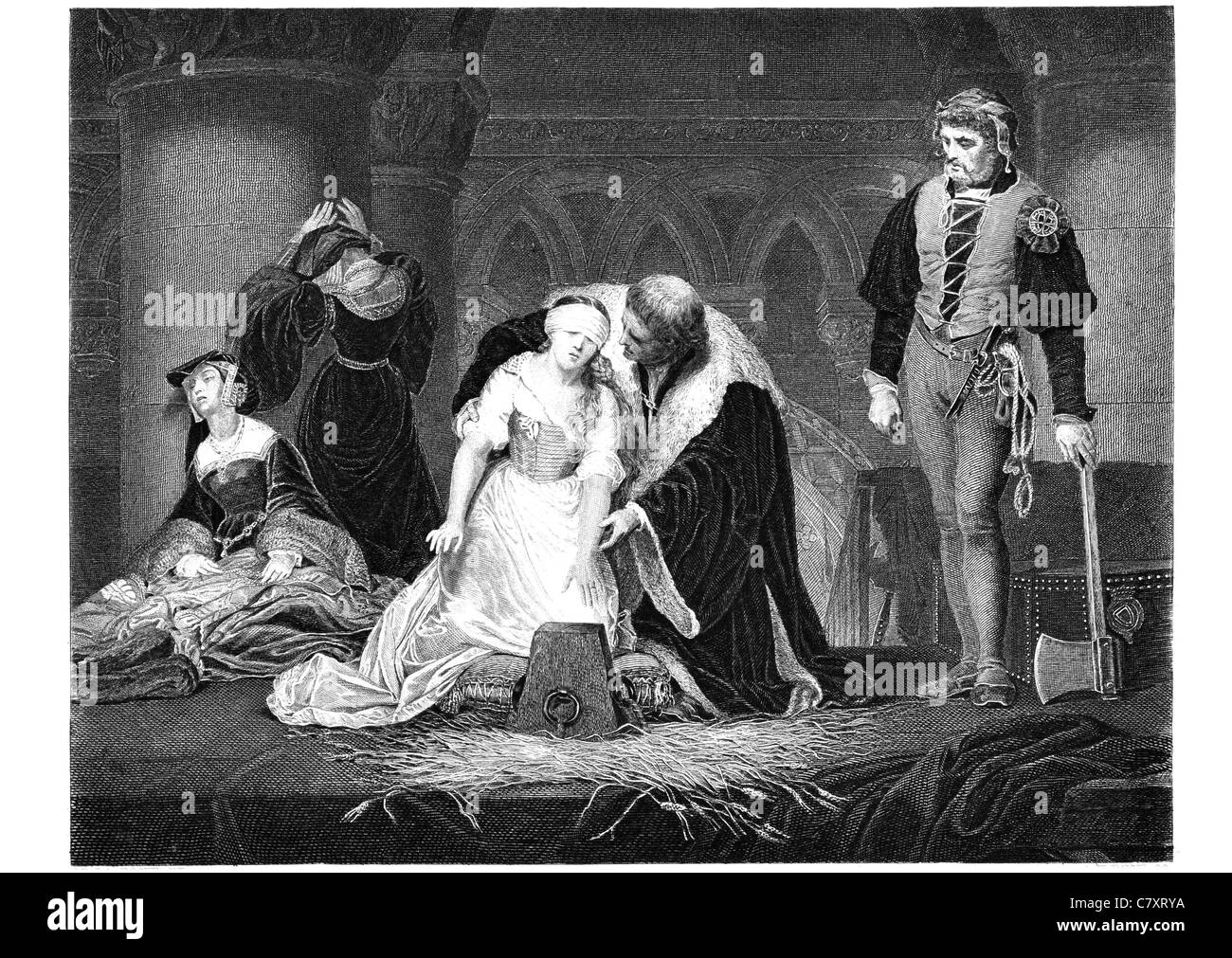 Execution of Lady Jane Grey death warrant beheaded executioner Murder killing malice manslaughter victim crime punishment Stock Photo