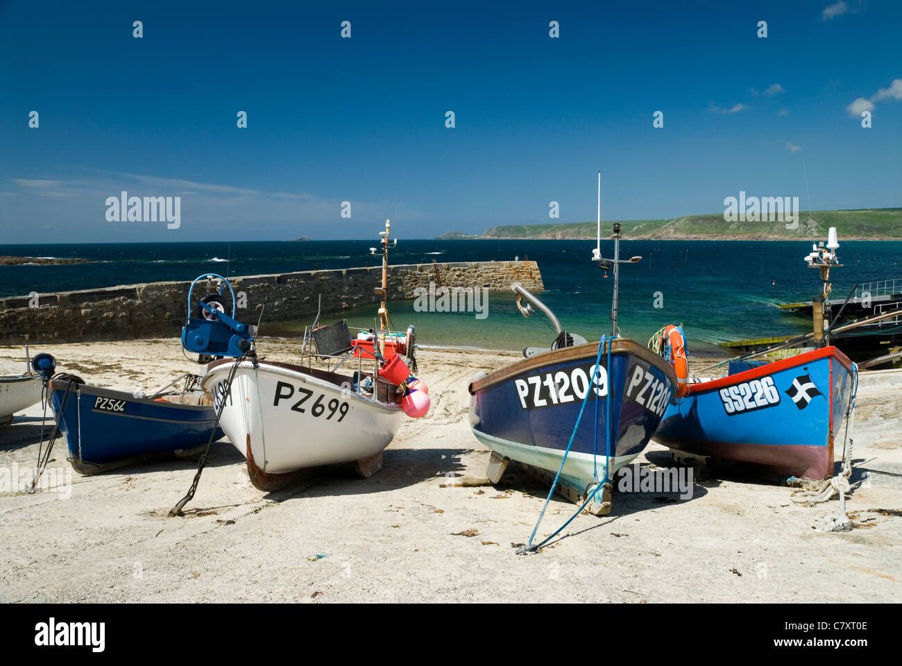 Fishing boats on the beach at Sennen Cove, Cornwall, UK. Stock Photo