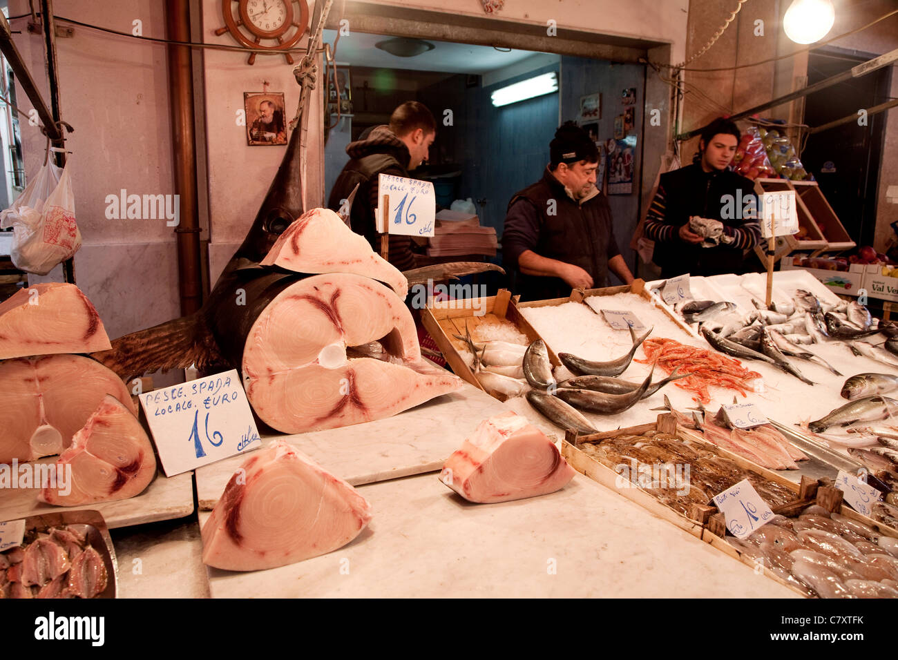 Traditional fish shop selling seafood, swordfish and fish at Capo, old