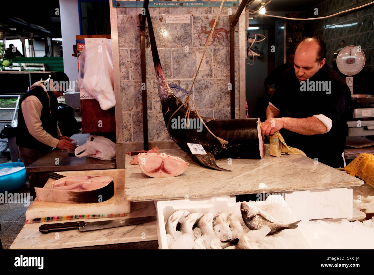Traditional fish shop selling seafood, swordfish and fish at Capo, old
