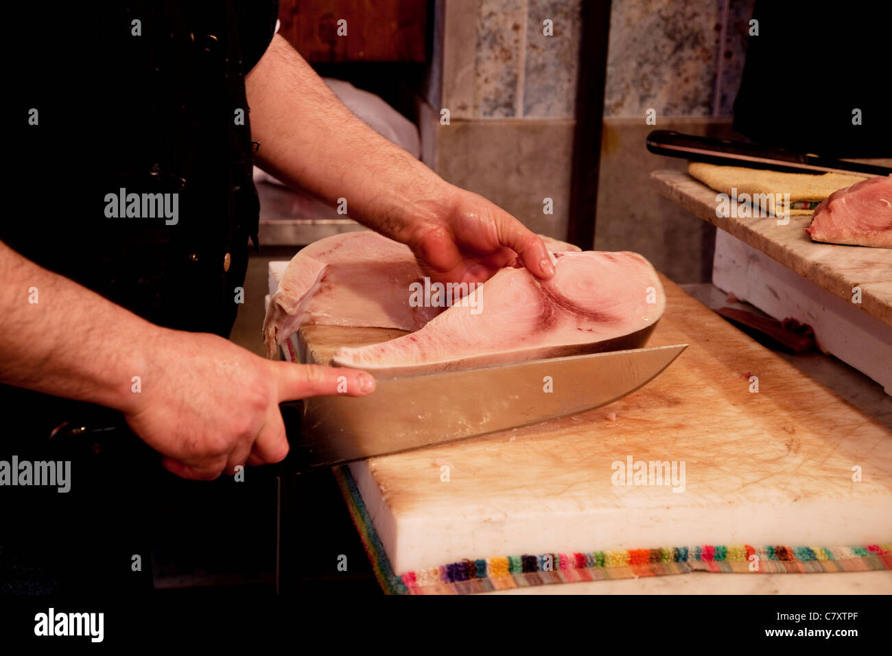 Traditional fish shop selling seafood, swordfish and fish at Capo, old