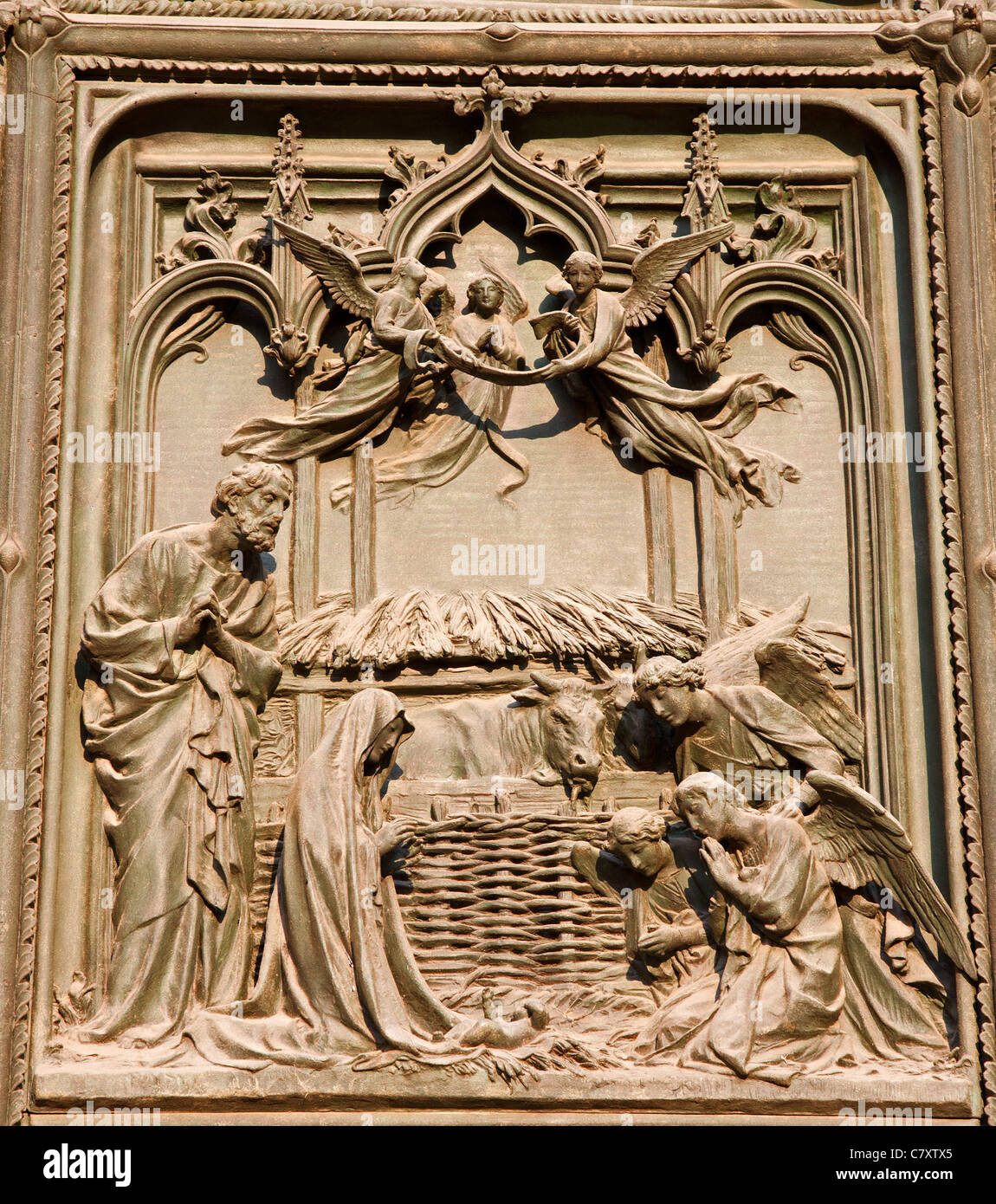 Milan - detail from main bronze gate - Christmas - crib,Lodovico Pogliaghi, 1906 Stock Photo