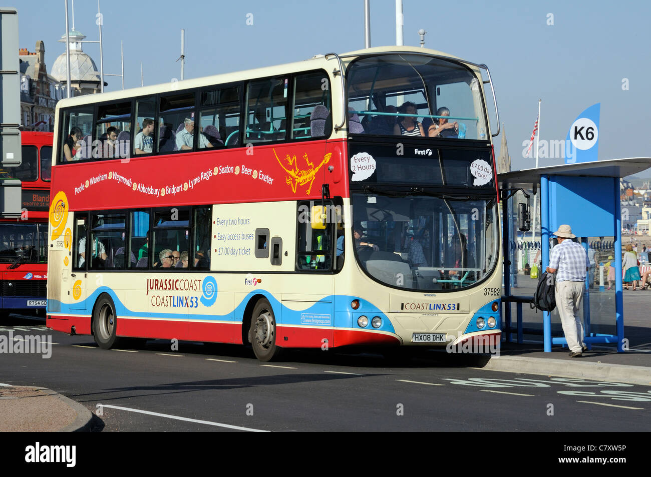 Jurassic Coastal bus service Firstbus in Weymouth Dorset England Stock Photo