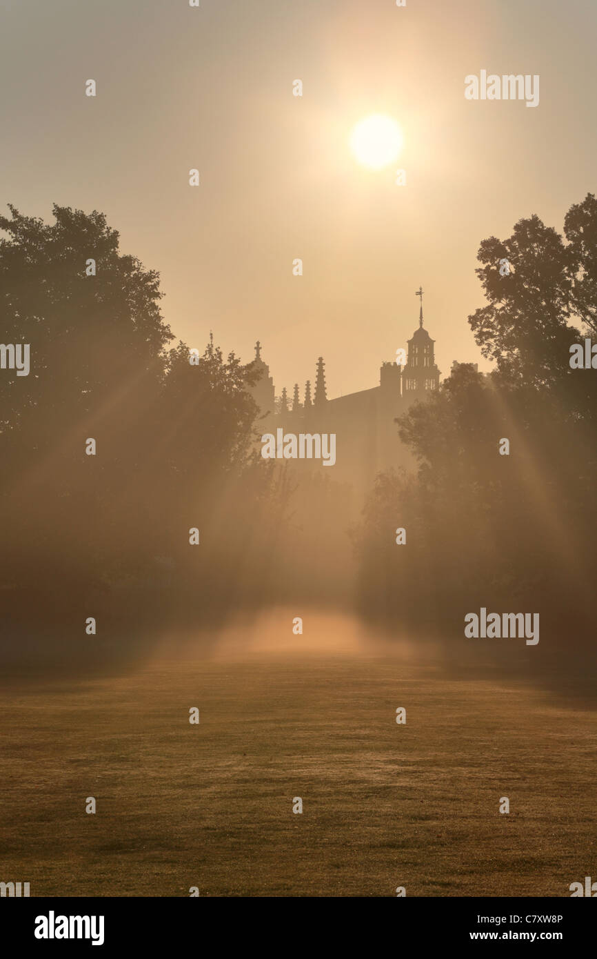 St Johns College Cambridge, sunburst, early morning. Stock Photo