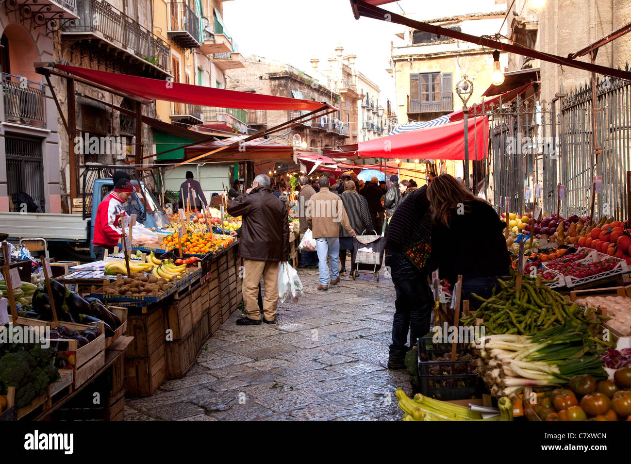 Traditional shops and stalls at Il Capo, old market in Palermo, Sicily